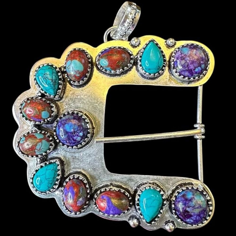 Turquoise Multi Stone .925 Sterling Overlay Belt Buckle Pendant